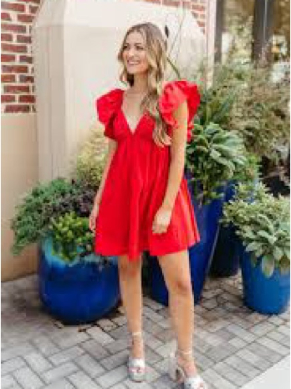 Red Ruffle Sleeve Mini Dress - Picture 2 of 6